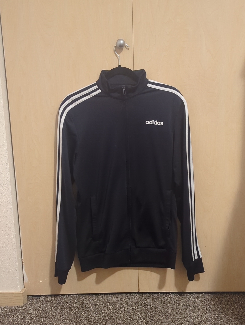 adidas Men’s Navy Blue Zip-Up Track Jacket with White Stripes